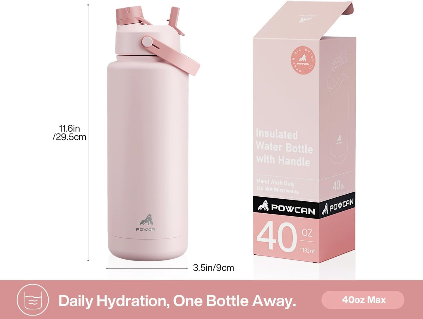 POWCAN 40 oz Insulated Water Bottle - 2-in-1 Straw & Spout Lid, Keeps Drinks Cold 24H | Cotton Candy