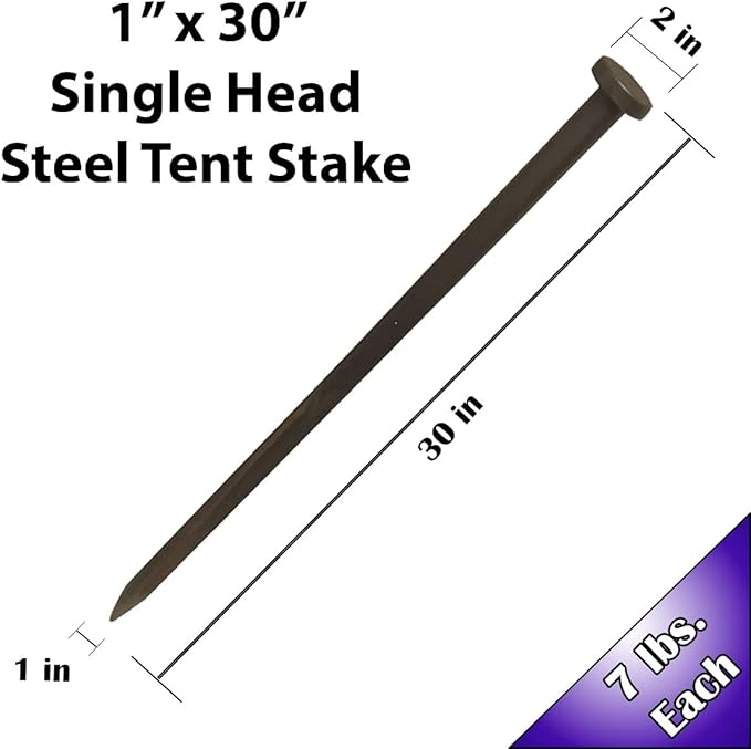 Single Head Tent Stakes - Heavy Duty Steel Tent Stakes, Versatile Ground Spikes to Anchor Commercial Inflatables, Party Tents, and Outdoor Camping Shelters, 1 x 30 Inch, 4-Pack