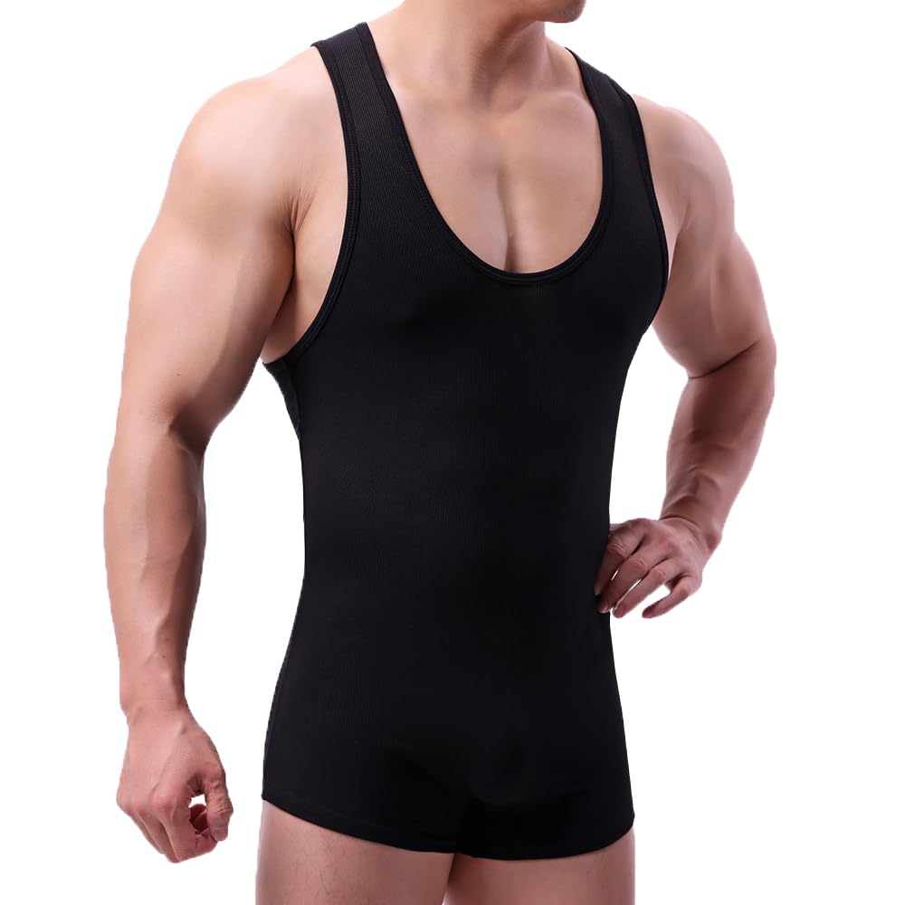SPNSSTCR Men Athletic Supporters Bodysuits Leotard Wrestling Singlet Jumpsuits Seamless Slim Fits Shapewear Boxers (All Black, M)