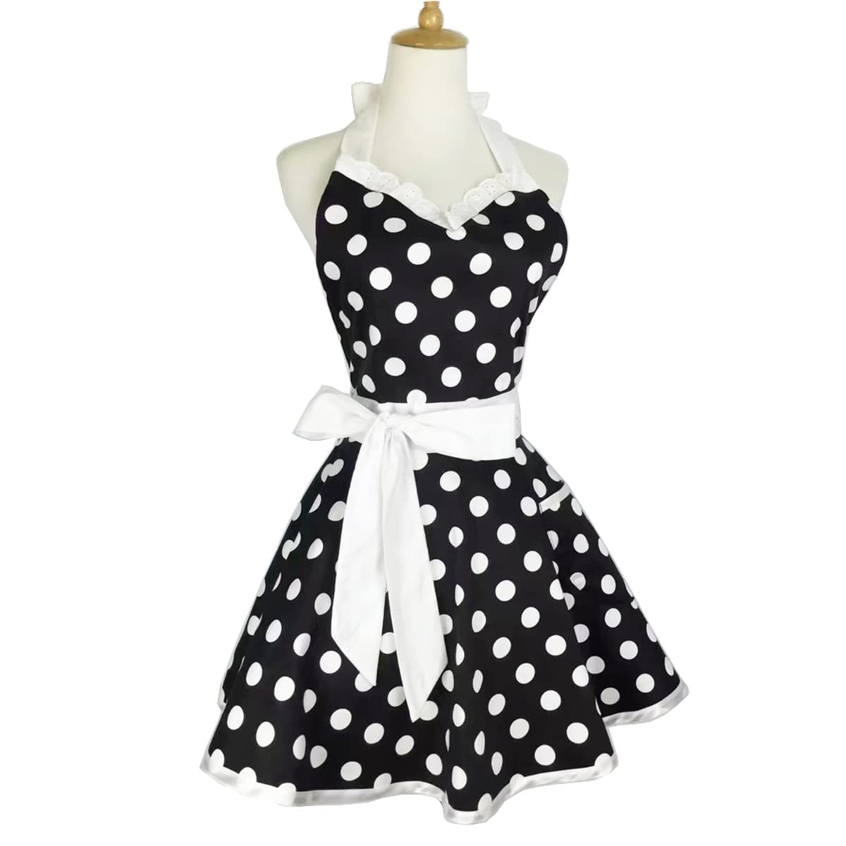 Hyzrz Lovely Sweetheart Retro Kitchen Aprons Woman Girl Cotton Polka Dot Cooking Salon Dress Pinafore Vintage Apron Mothers Gift (Black)