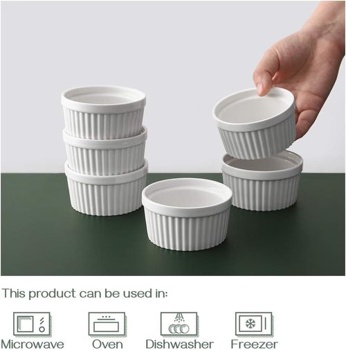 DOWAN 4 Oz Ramekins - Oven Safe Porcelain Bowls for Baking Soufflé | Set of 6, Classic White