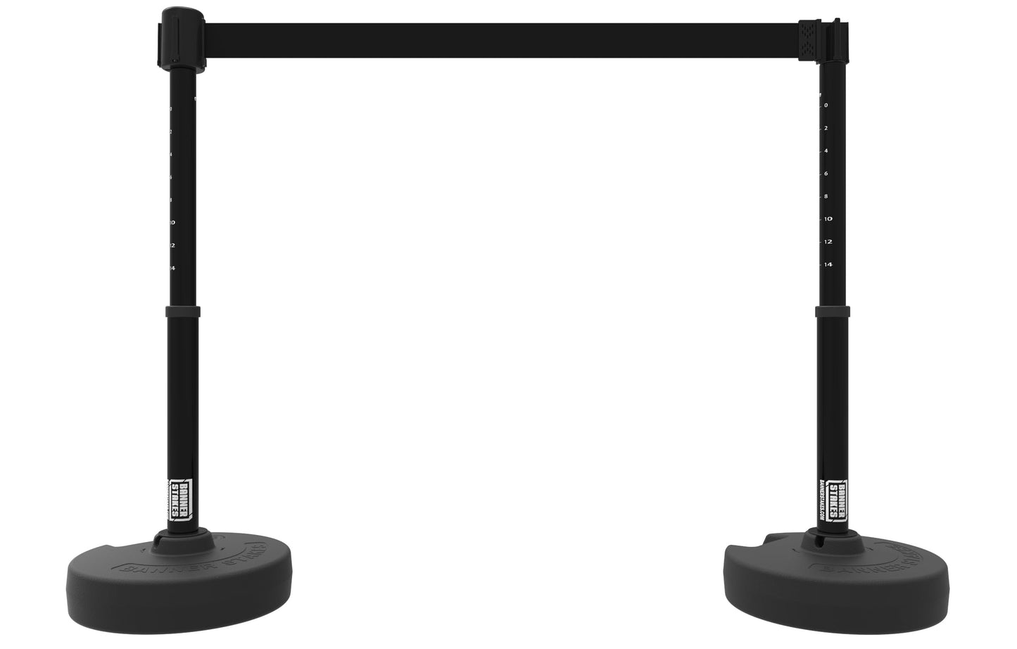 Banner Stakes Crowd Control Plus 15' Retractable Belt Barrier Stanchion Set X1 - Black Blank Banner, 22"-42" Plastic Adjustable Post, Fillable Base (PL4104)