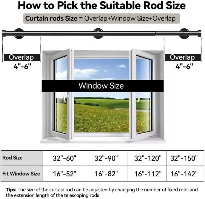 YaFex Heavy Duty Curtain Rods - Adjustable 32-150 Inch Black Window Treatment | Easy Install, Aluminium Finials