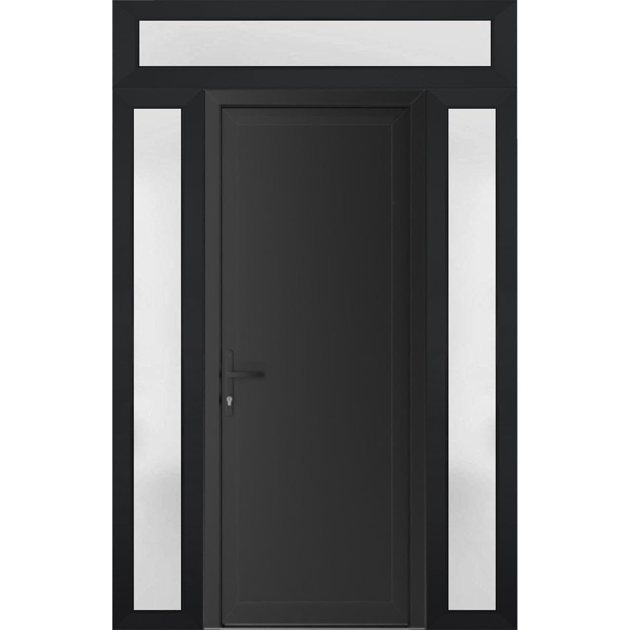 VDOMDOORS Front Exterior Prehung Metal-Plastic Door Frosted Glass | Manux 8111 Matte Black | 2 Side, Top Sidelite Transom | Doors Entrance Patio Garage 64 x 94 (W14+36+14 x H80+14) Right-Inswing