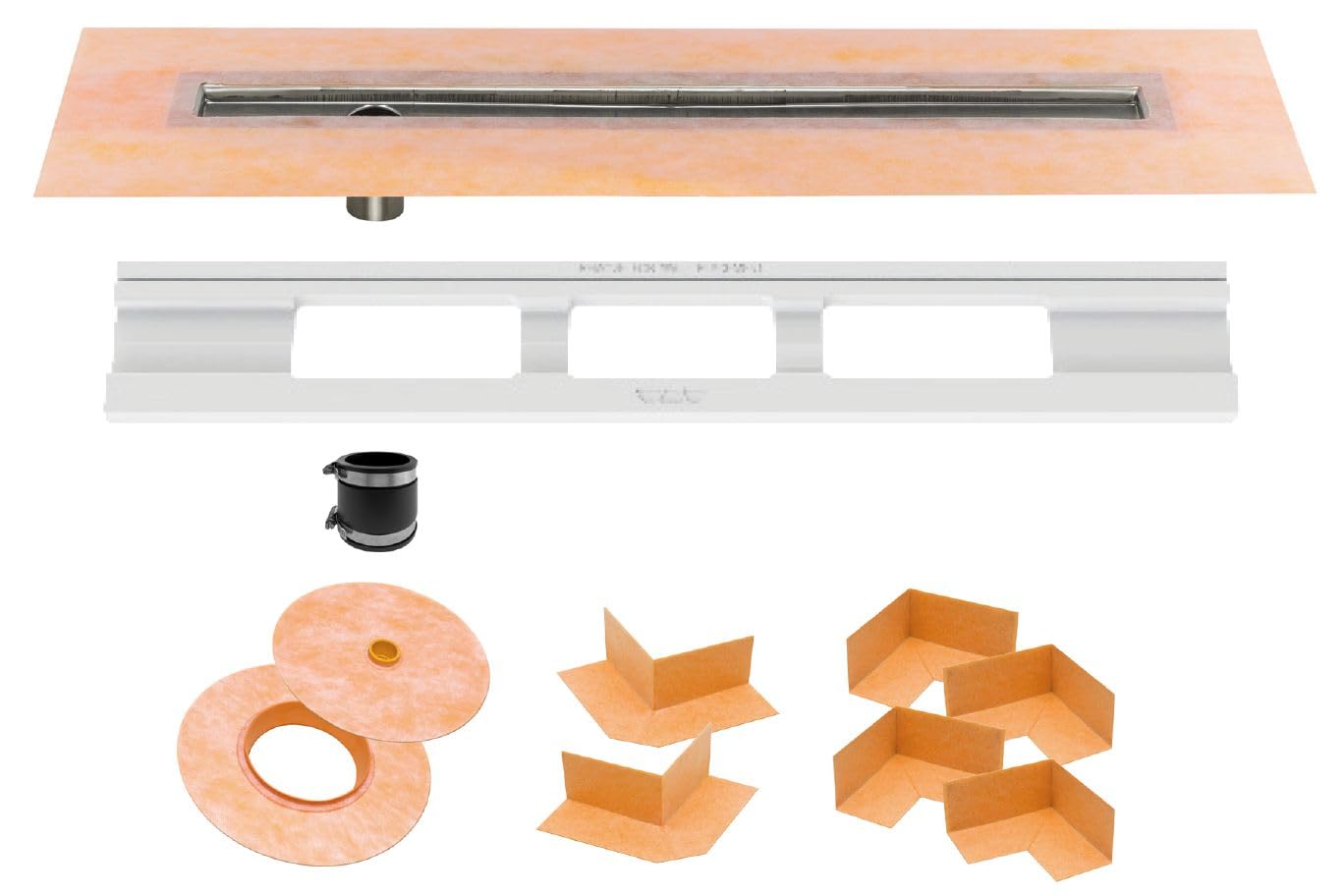Schluter Kerdi Line Shower Drain with 48" Stainless Steel Channel Body Offset and Waterproof Kerdi Collar - for Showers & Wet Rooms - Off-Set and Center Outlets - KL1VO60E120