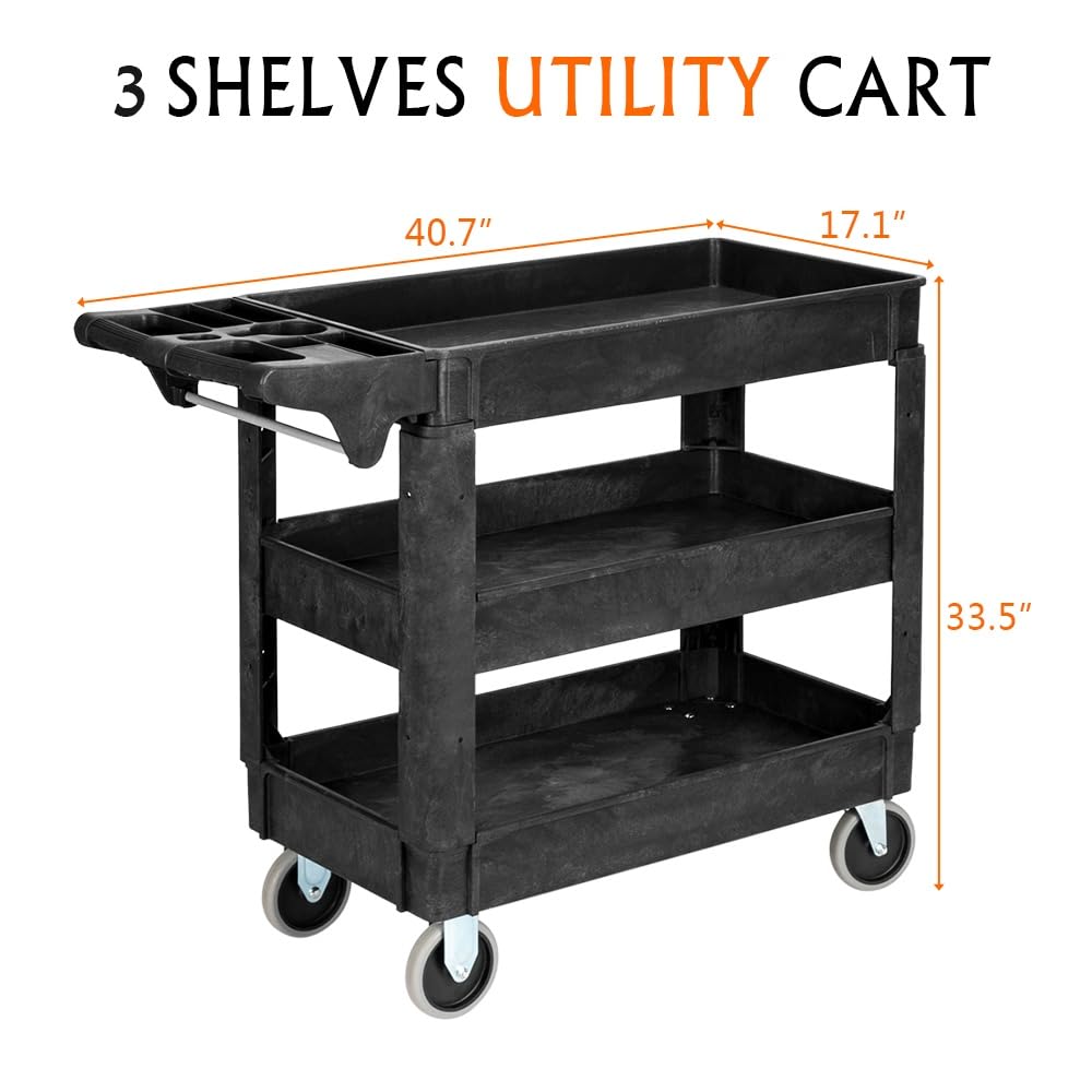 LEADZM 3-Shelf Plastic Service Utility Cart, Steady & Durable Tub Cart with Deep Shelves, Large Capacity, Multi-Function Handle Storage and 360°Flexible Wheels with Braker, Great for Warehouse/Garage