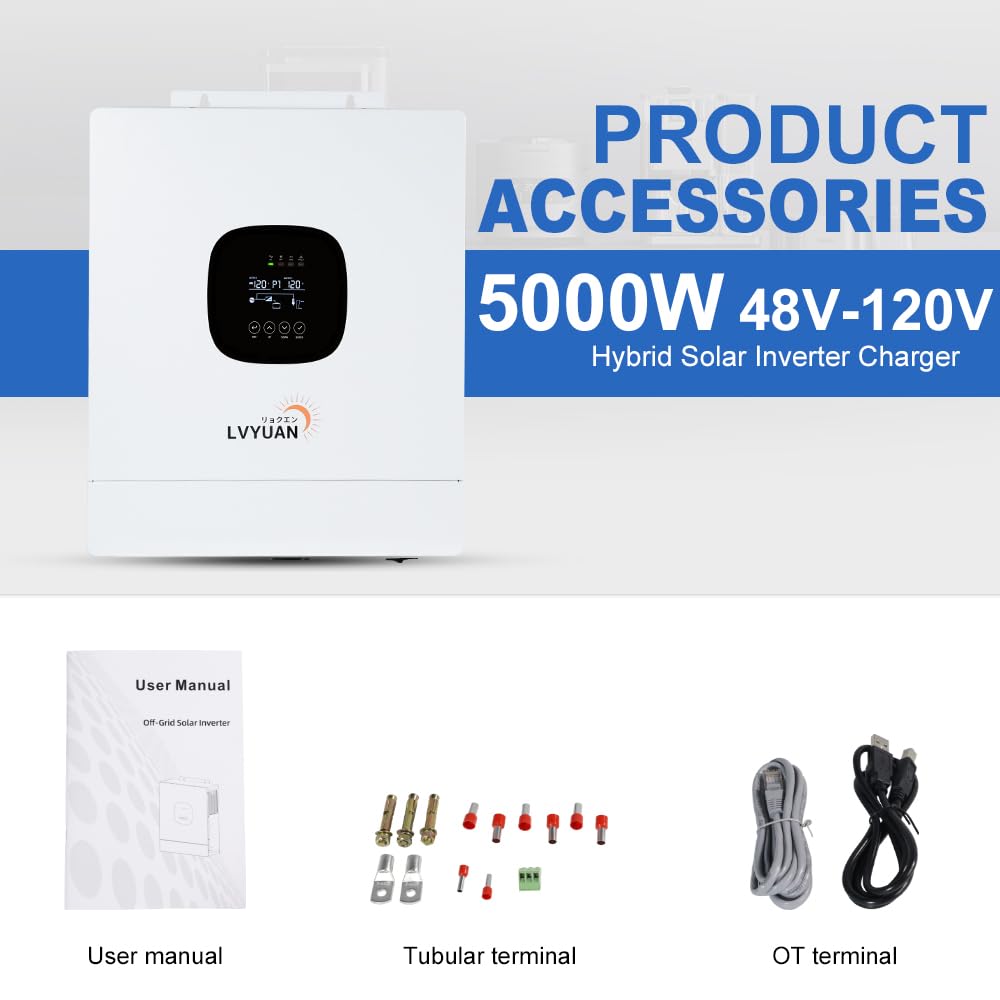 LVYUAN Hybrid Solar Inverter 5000 watt, DC 48V Pure sine Wave Hybrid Inverter to AC 120V Inverter and 100A MPPT Solar Inverter Charger for Off-Grid System