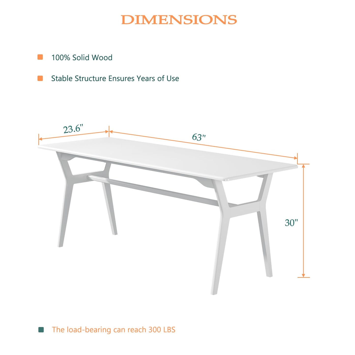 OSCHF Solid Wood Study Desk - 63" Double Long Computer Table for Home Office, 2-Person PC Workstation, White