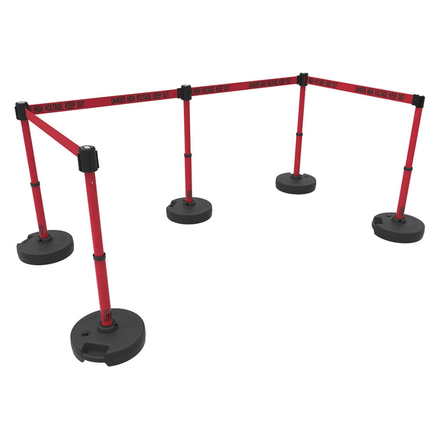 Banner Stakes Crowd Control Plus 15' Retractable Belt Barrier Stanchion Set X5, Covers 60' - Red "Danger High Voltage Keep Out" Banner, 22"-42" Plastic Adjustable Post, Fillable Base (PL4596)