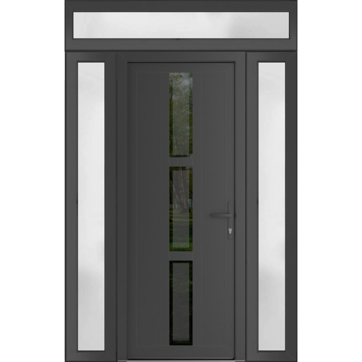 VDOMDOORS Front Exterior Prehung Metal-Plastic Door Frosted Glass | Manux 8112 Antracite Grey | 2 Side, Top Sidelite Transom | Doors Entrance Patio Garage 60 x 94 (W12+36+12 x H80+14) Left-Inswing