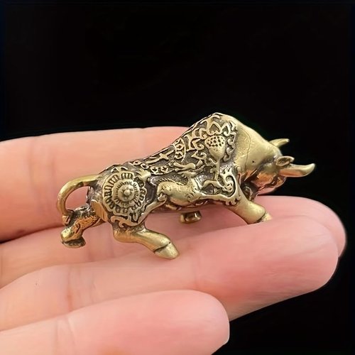 Bronze Rich Floral Design Brass Zodiac Ox Statue - Decorative 2-Piece Cow Figurine