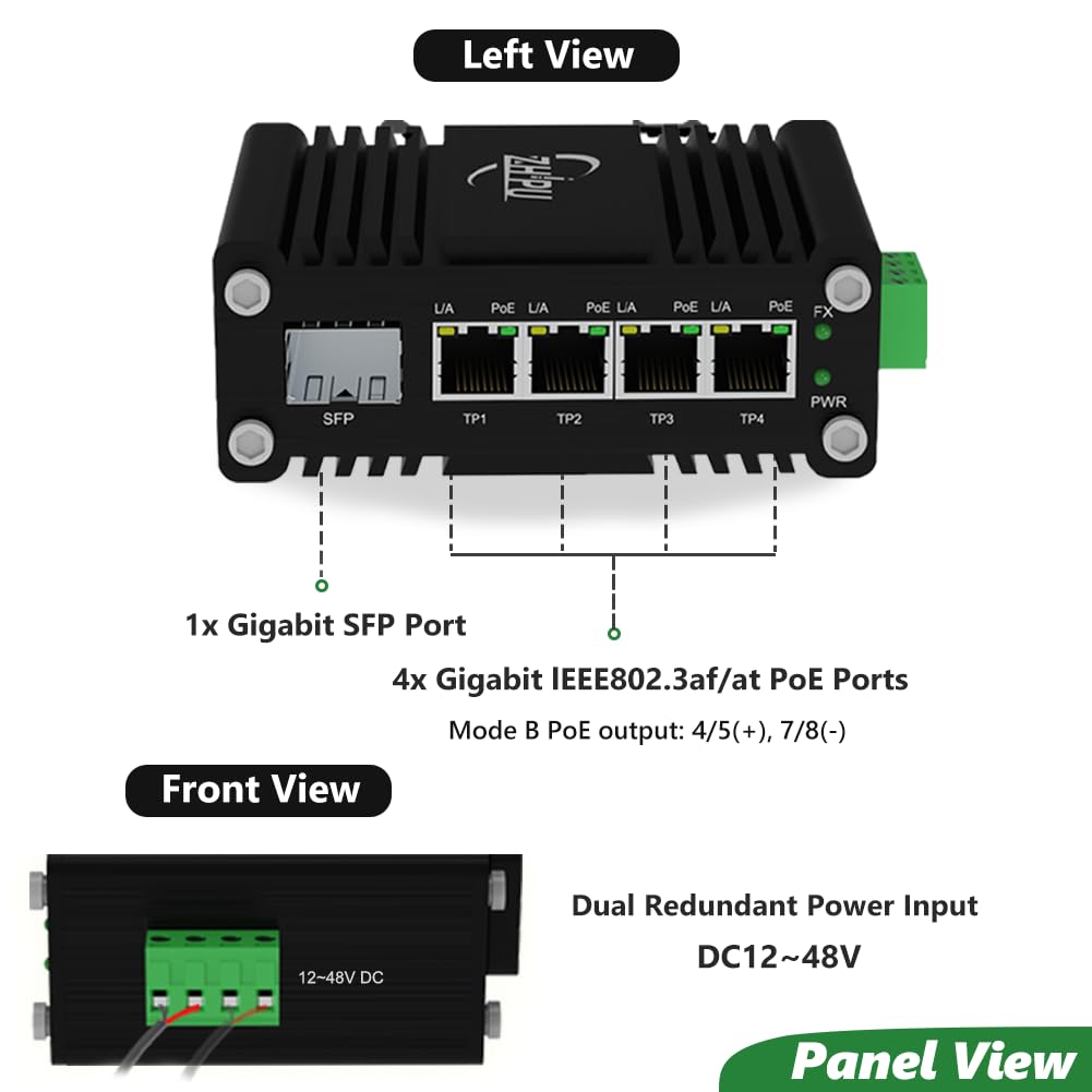 Yjntoximc Mini Industrial 4 Ports Gigabit PoE Switch with DC12～48V Redundant Power Input, 12V PoE Switch with SFP, IEEE802.3af/at @120W, Compact PoE Power for VoIP Systems/Solar Power/RV Truck