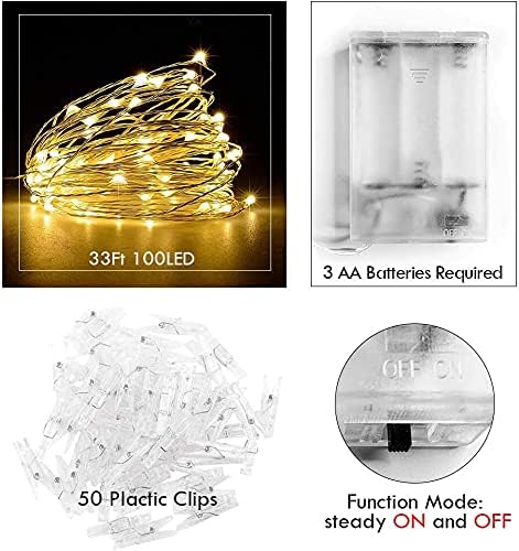 Skiennix Photo Clip String Light - 33Ft 100LED Fairy Lights with Timer & 50 Clear Clips for Décor