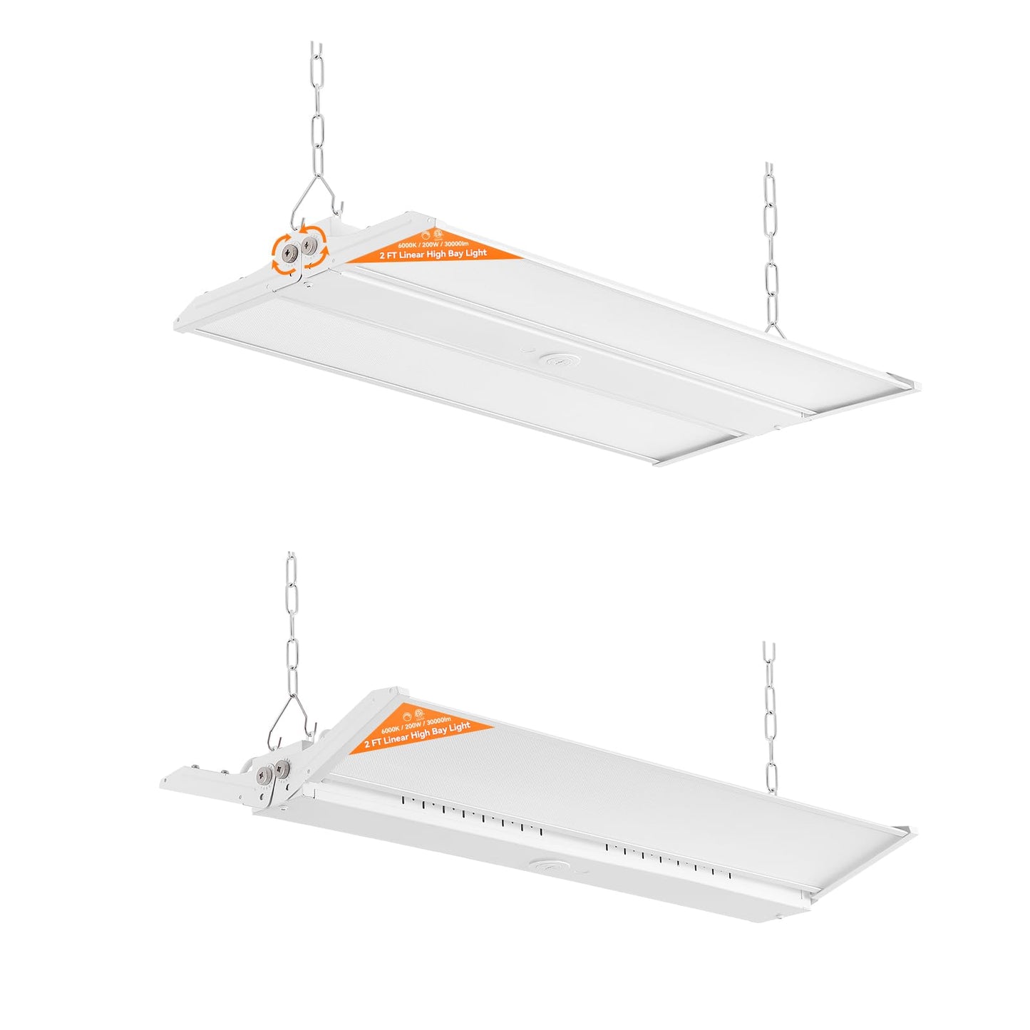 Comiled 2FT Linear High Bay Shop Lights, 200W/150W/100W & 6000K-5000K-4000K Selectable, 30000lm, 0-10V dimmable, 100-277V, Adjustable Tilt Hanging Light Fixture for Warehouse, Workshop, ETL, 2-Pack