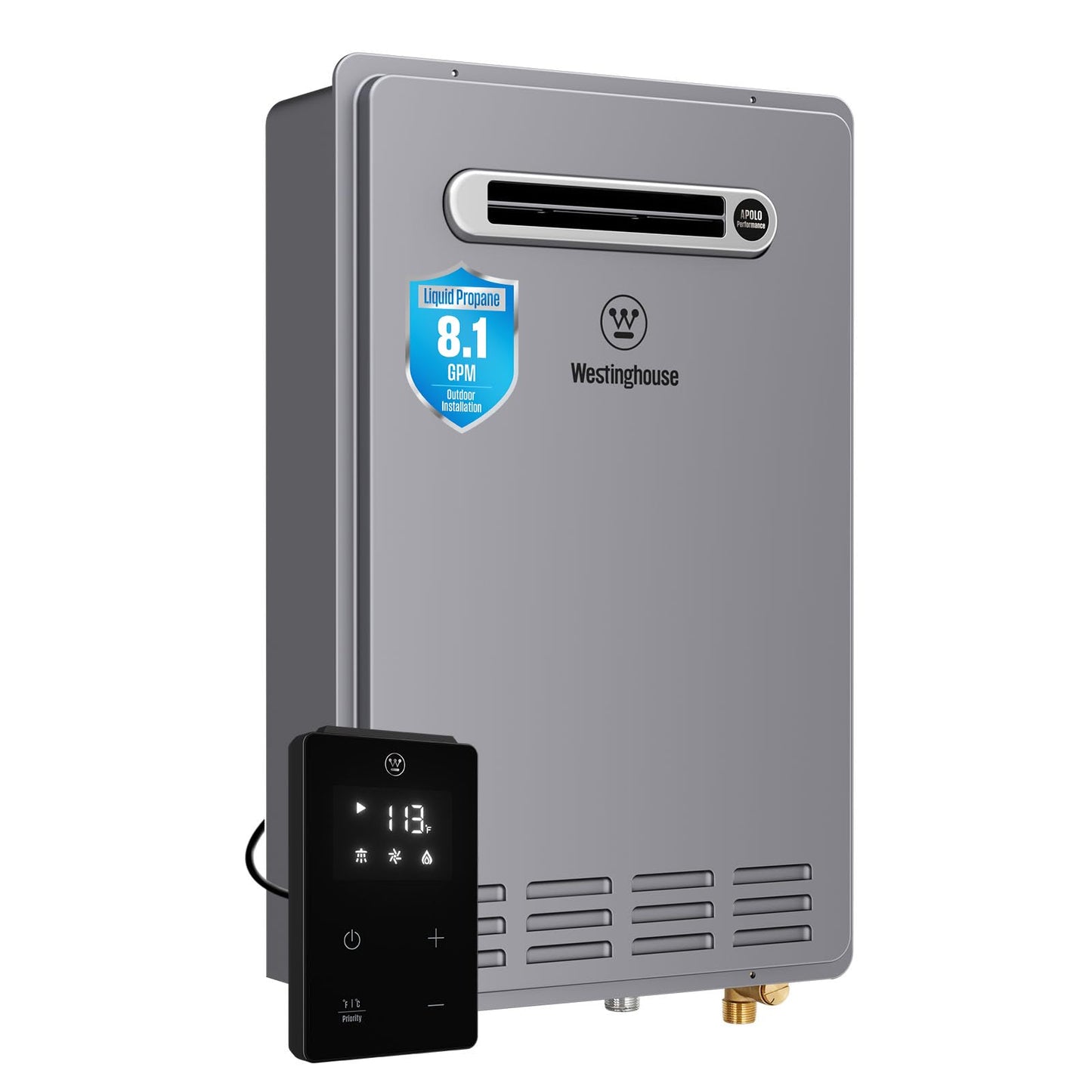 Westinghouse Smart Outdoor Propane Tankless Water Heater, 8.1 GPM 180,000 BTU Whole Home Instant Hot Water Heater, ±1°F Temp Stability, Non-Condensing High Efficiency for 3-5 Fixtures