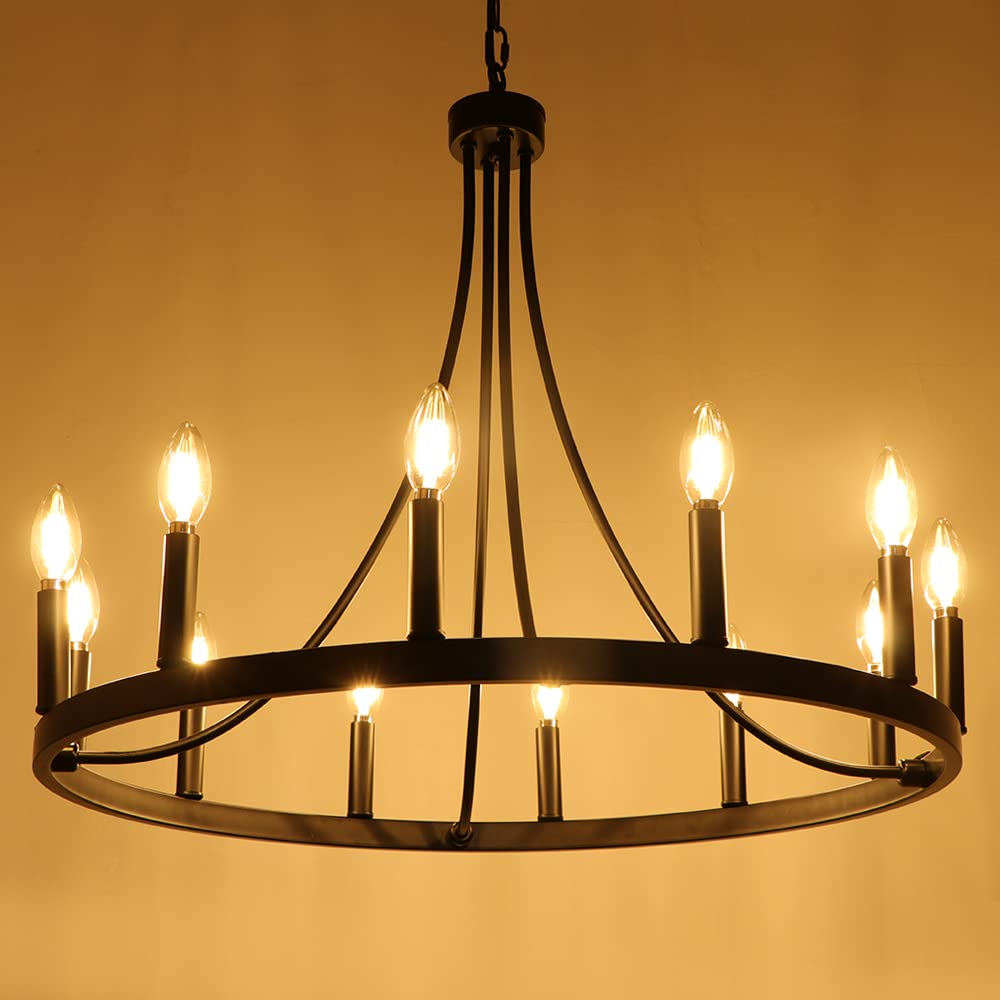 LynPon Black Wagon Wheel Chandelier, 12 Lights Rustic Farmhouse Dining Room Light Fixtures, Diam 27 Inch Round Chandeliers Industrial Hanging Light Fixture for Living Room Kitchen Foyer Entryway