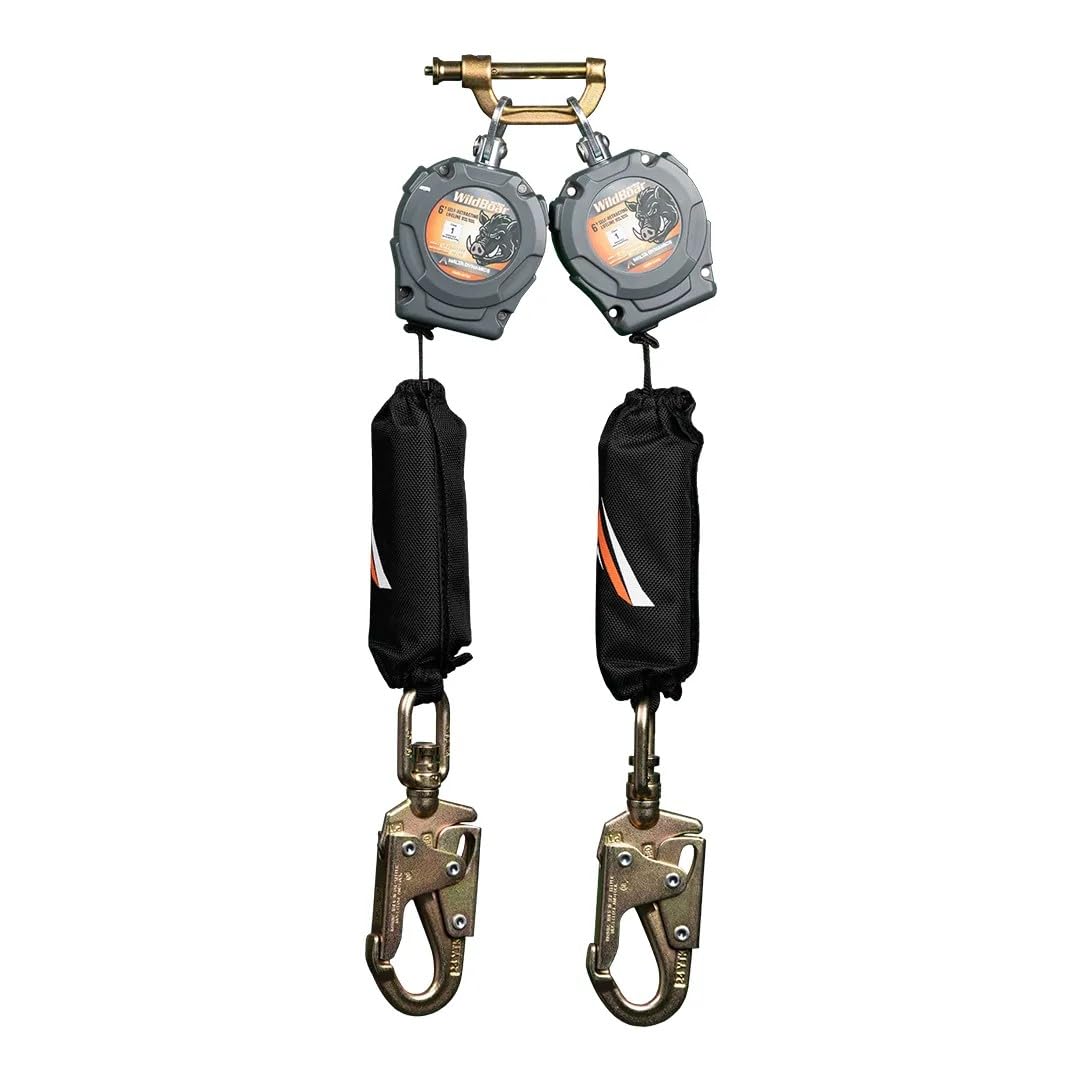 Malta Dynamics Wild Boar 6’ Dual Self Retracting Lifeline – SRL Fall Protection Lanyard with Steel Snap Hook for Construction Site Safety, OSHA and ANSI Compliant