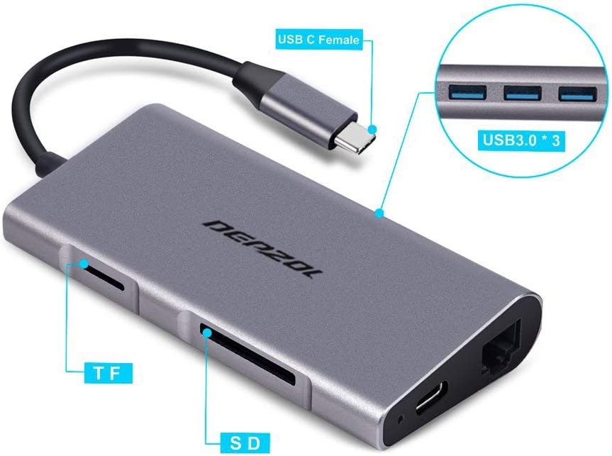 DEPZOL 8-in-1 4K, RJ45, 3 3.0 2018/2017/2016 USB C Hub, Type C Adapter Dock to HDMI Gigabit Ethernet PD Power Delivery