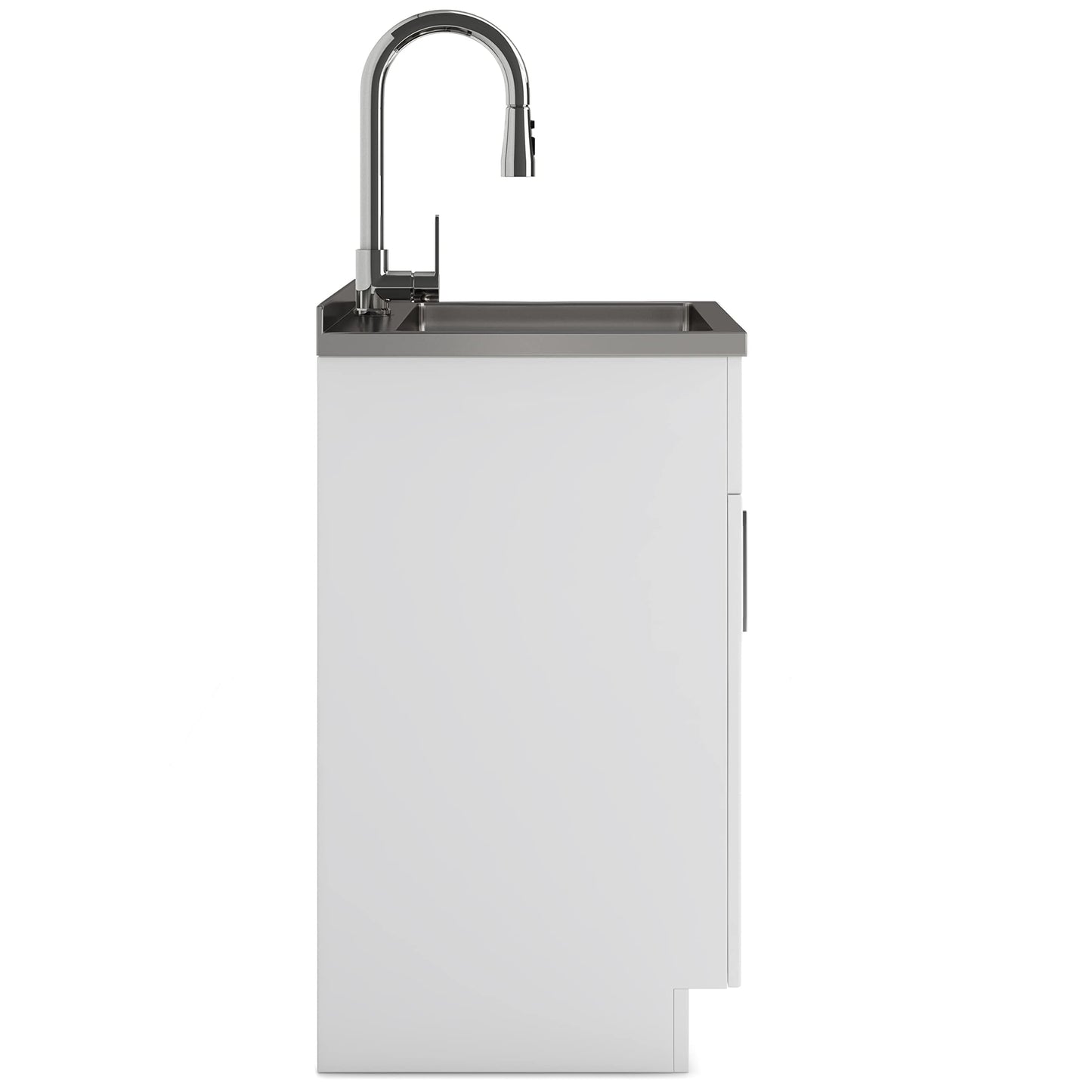 SIMPLIHOME Modern Wide Shaker All-in-One 24 inch Wide Utility Sink and Laundry Cabinet in Pure White Finish, Transitional Stainless Steel Sink Cabinet for Laundry Rooms with High-Arch Chrome Faucet