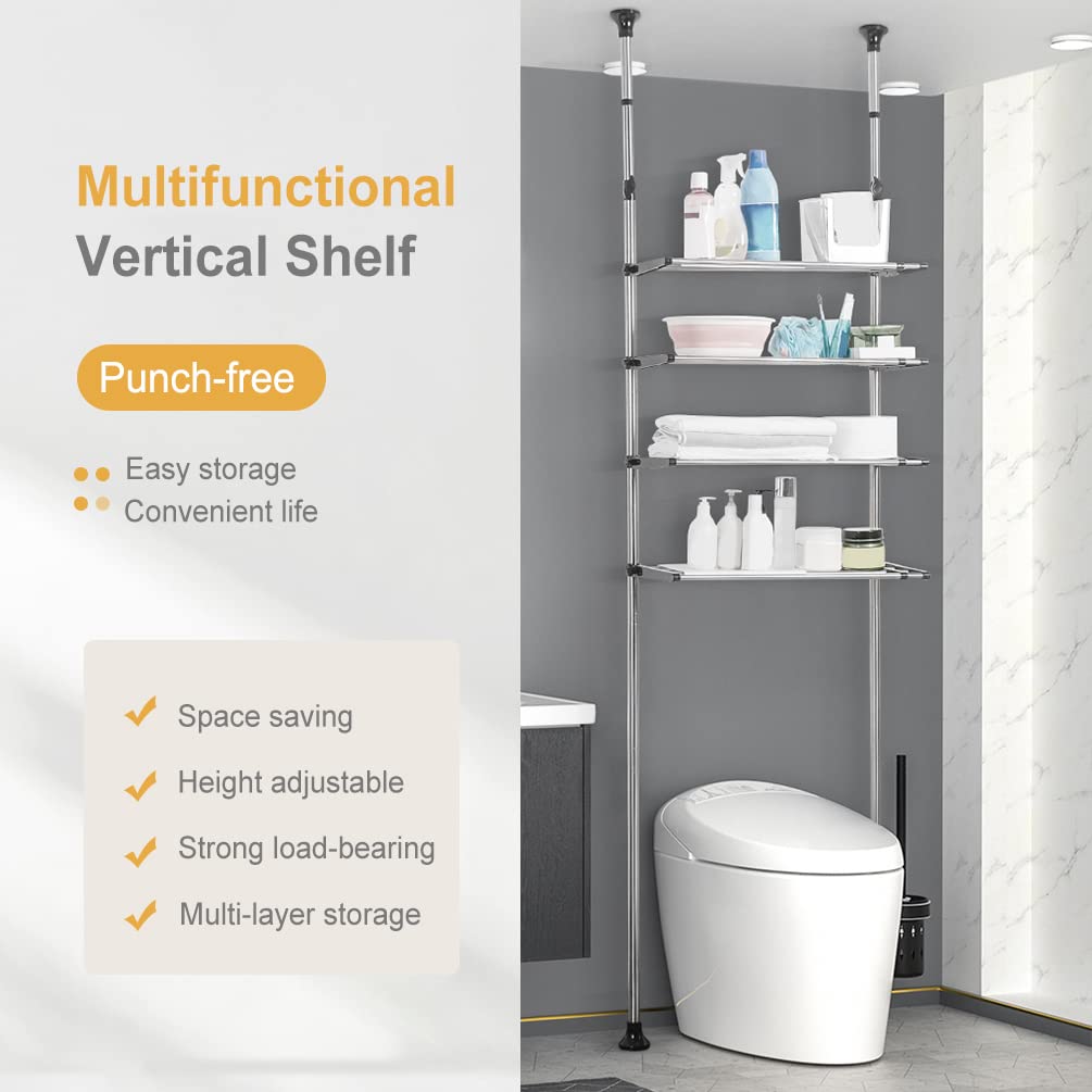BAOYOUNI 4-Tier Expandable Laundry Shelf Over Toilet Washer Dryer Storage Rack Floor to Ceiling Bathroom Organizer Space Saver Tension Pole for Small Spaces, Black