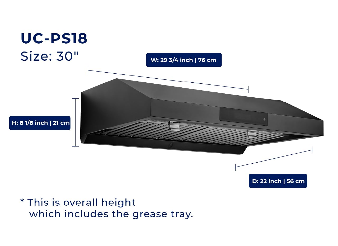 Hauslane Range Hood Under Cabinet 30 Inch - Ducted Stainless Steel Range Hood, 6 Speed Kitchen Vent Hood 30 Inches, Stove Vent Hood for Kitchen with Auto Shut-off, LED, Touch Panel - Chef Series PS18