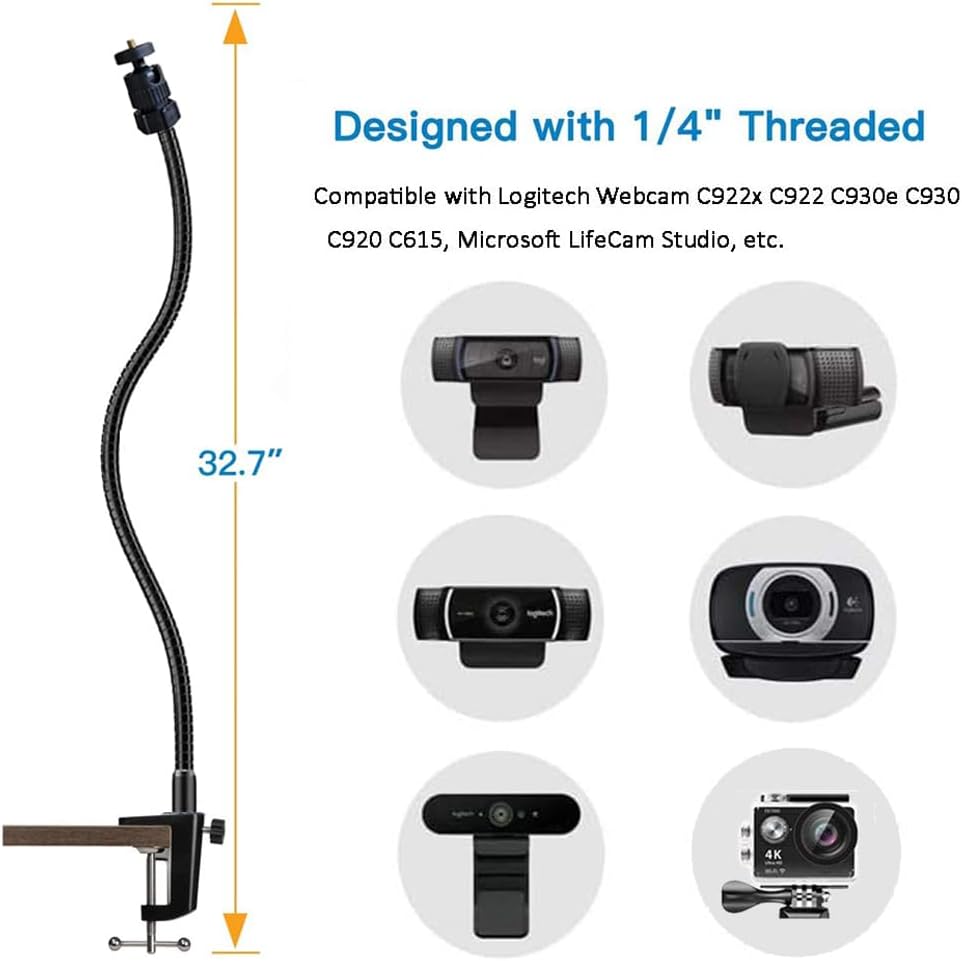 Etubby 27" C925X, C922, C930e, C930, C920, C615, (1/4" Webcam Stand Holder Adjustable Gooseneck Desktop Camera Desk