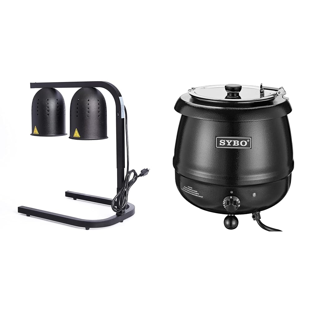 SYBO 500W 2-Bulb Food Heat Lamp & 10.5Qt Soup Kettle w/Lid & Insert Pot, Black