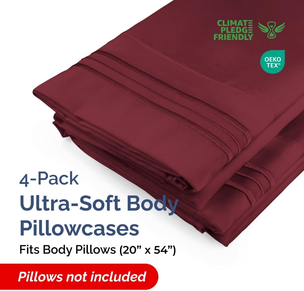 Skiennix Body Pillowcases Set of 4 | Soft 20x54 Long Pillow Covers for Comfortable Sleep - Burgundy
