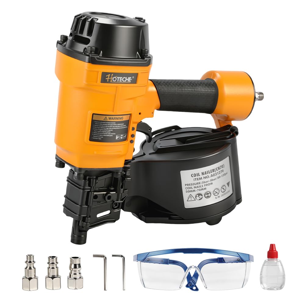 Hoteche Pneumatic Coil Nail Gun, 50-70mm Nail Length, 300pcs Capacity, 5-8bar Pressure, with European/American/Japanese Inserts, Color Box