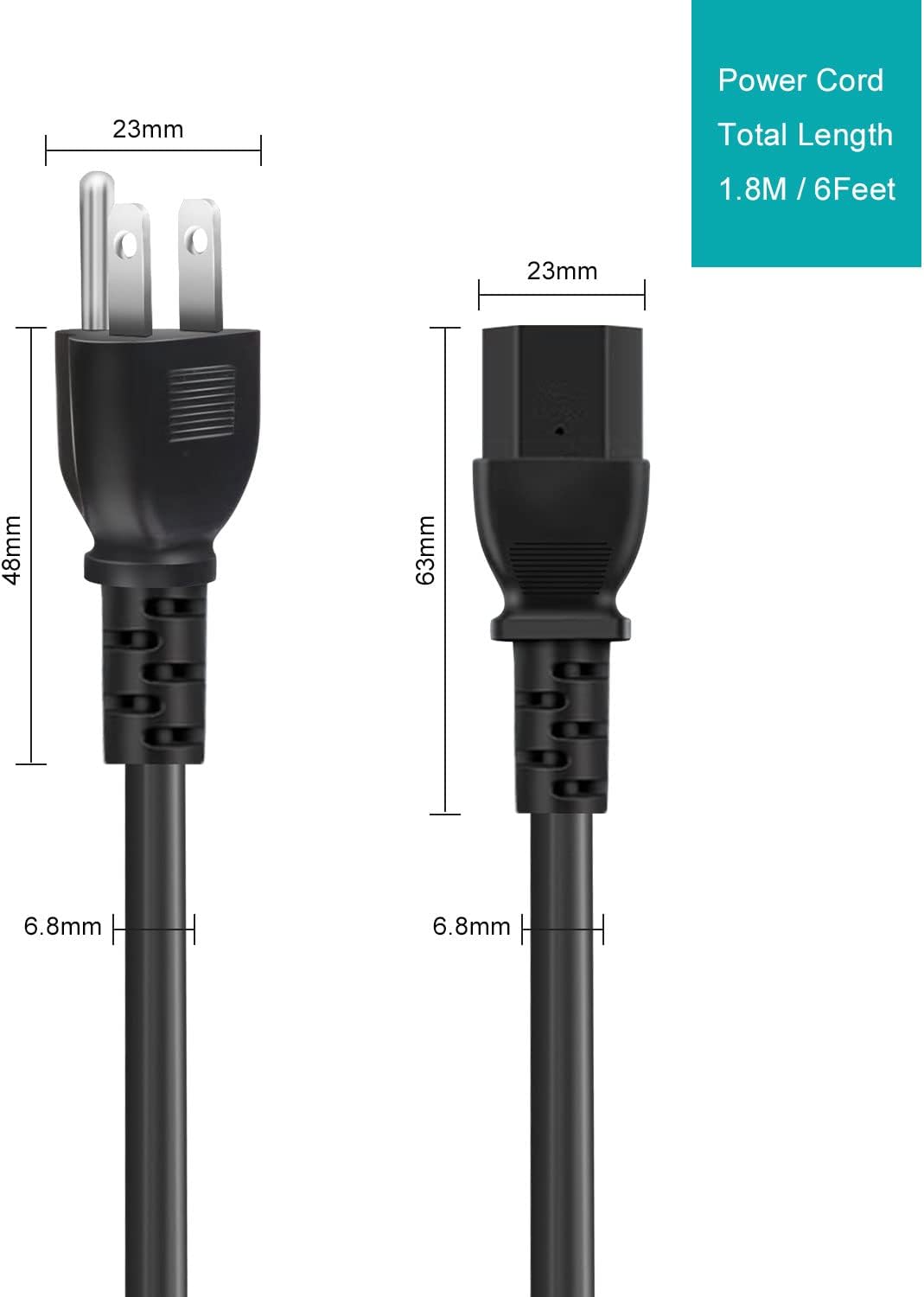 Narpendu 3-Prong 6 (1.82 Universal AC Power Cable for Computer, TV, Monitor and More, Feet Meters), Black