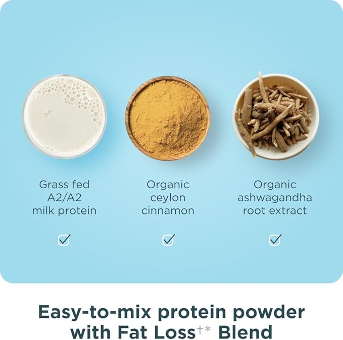 Ancient Nutrition Grass Fed Whey Protein + Fat Loss Blend, Vanilla Cinnamon, 23g Protein, Promotes Fat Loss and Boost Metabolism, Organic Regenerative A2/A2 Milk Protein,18 Servings