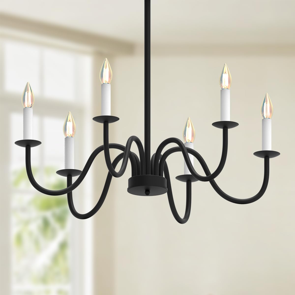 Isamacc 6-Light Chandelier, Wrought Iron Black Chandelier with Adjustable Height, Industrial Hanging Light Fixture for Dining Room, Living Room, Foyer, Bedroom