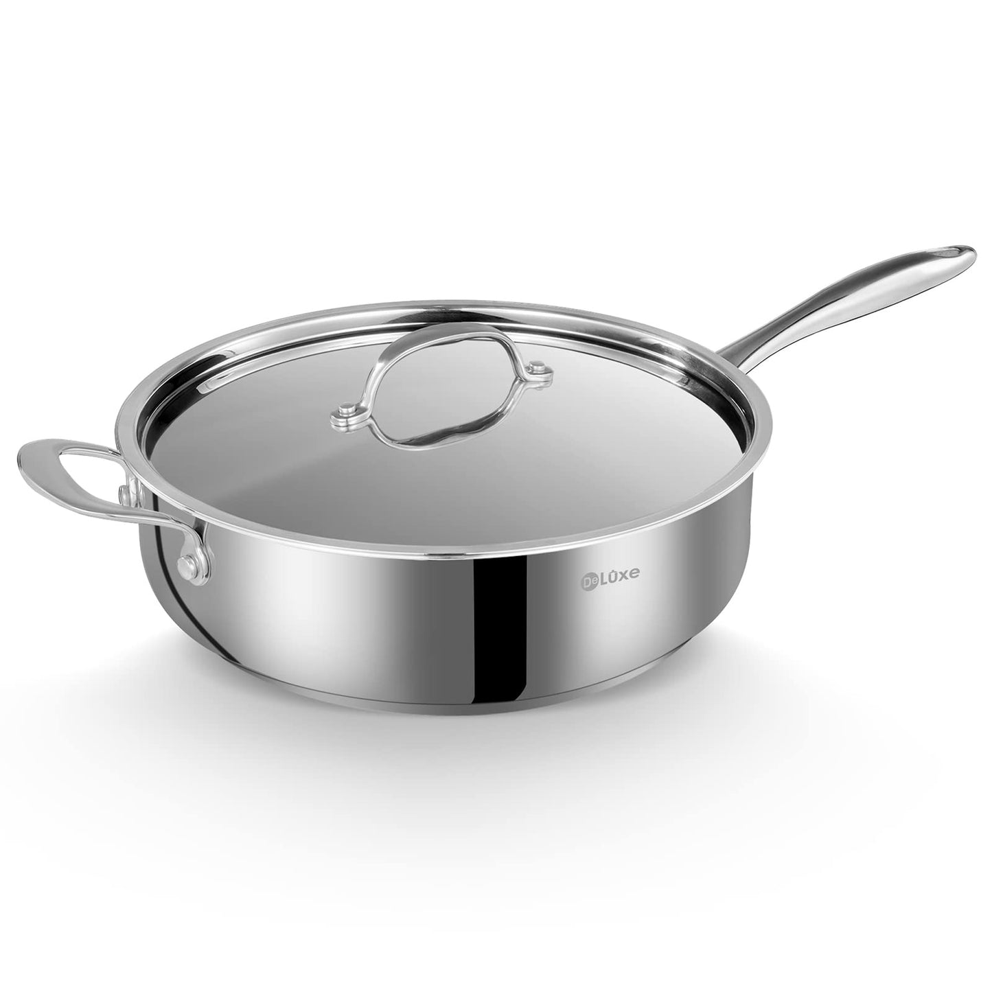 DELUXE 12 Inch Stainless Steel Skillet Frying Pan, Large Pan with Lid and Stay-Cool Handle, 5qt Deep Sauté Pans for Deep-Fry Braise Stew, Multipurpose Cooking Pot for Induction Gas Stove