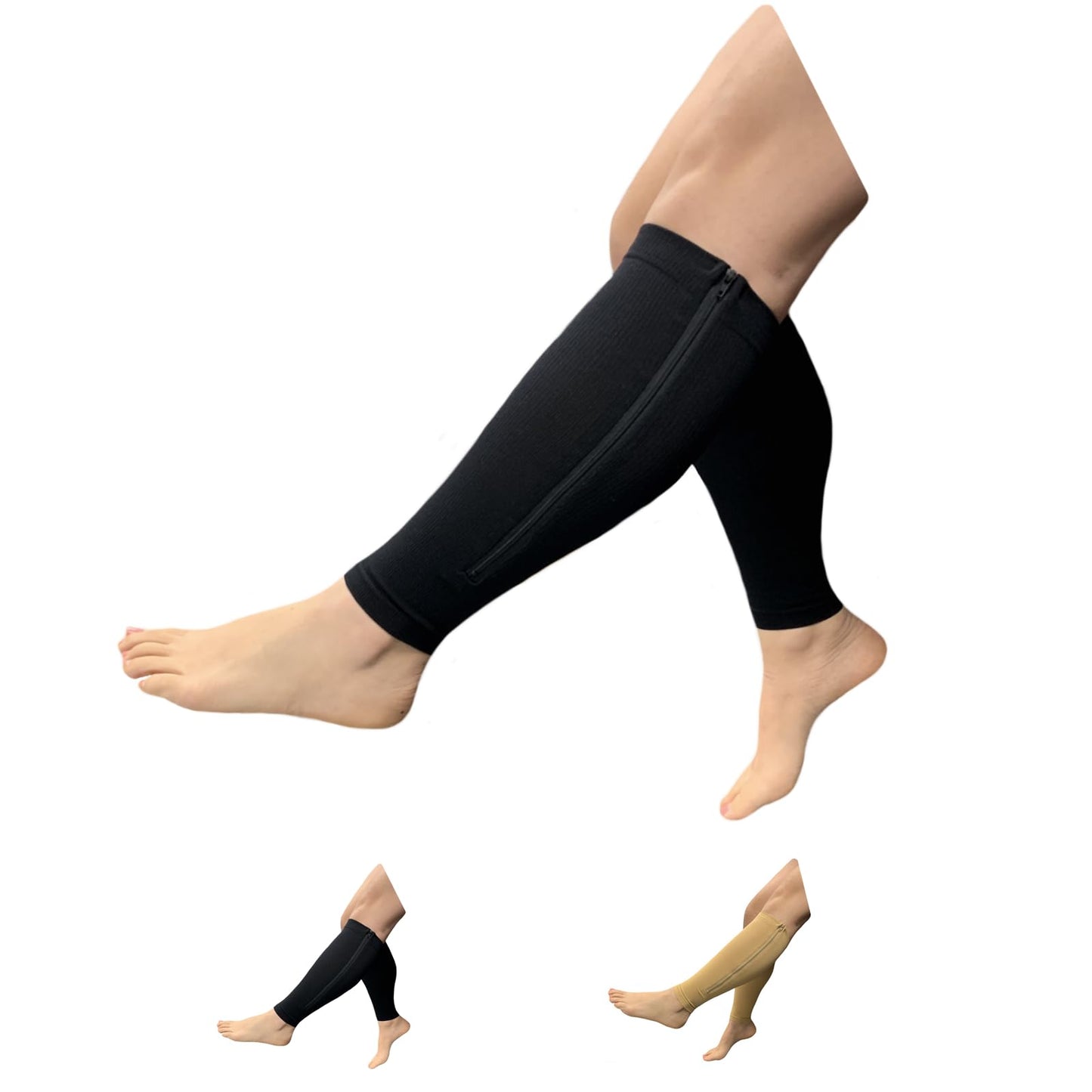 HealthyNees Seniors Care Footless 15-20 mmHg Compression Shin Calf Leg Men Women 1 Pair Zipper Sleeves (Black, 3X-Large)