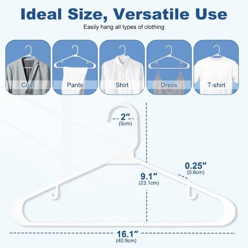 HOUSE DAY White Plastic Hangers - Durable 50 Pack with Built-in Hooks | Space-Saving Closet Solution