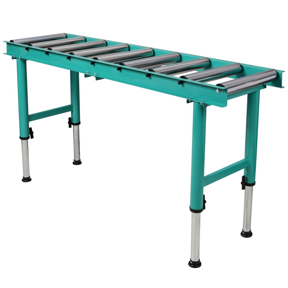 Heavy Duty Roller Conveyor Stand, 9 Roll Adjustable Height, Green Steel, 65x18 Inch, 440 lbs Capacity