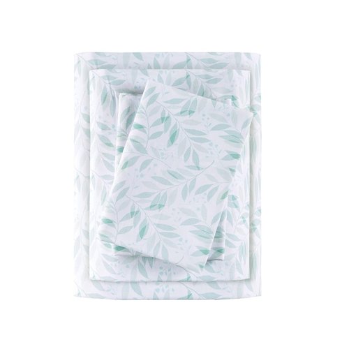Madison Park 100% Cotton Sheets, Breathable & Soft Cotton Bed Sheets, Printed Design, Elastic Pocket Cotton Sheet Set Fits Up to 17" Mattress, All Season, Queen Green Leaves 4 Piece