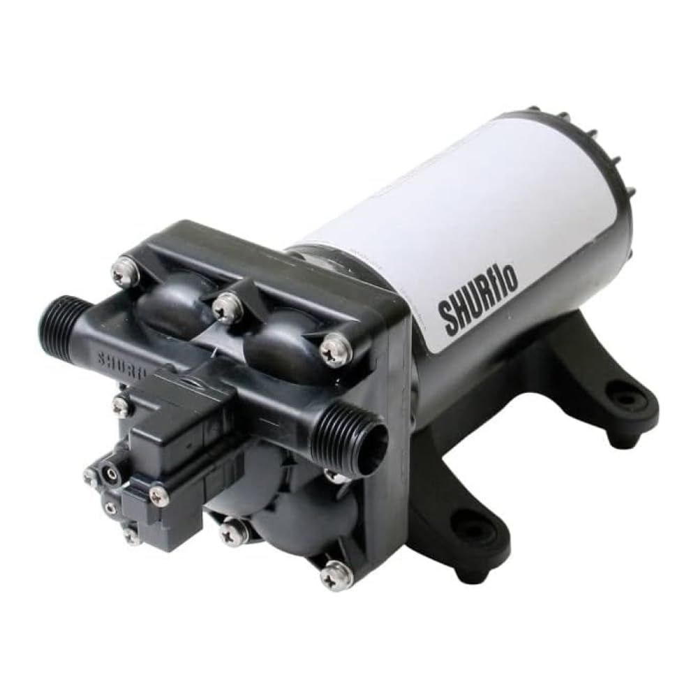 SHURFLO 4048-153-E75 High Flow RV Fresh Water Pump, 12V Demand Diaphragm Pump, 4.0 GPM, 55 PSI, Self Priming, Run Dry Capability, Thermal Protection, Includes Strainer and Hose Fittings