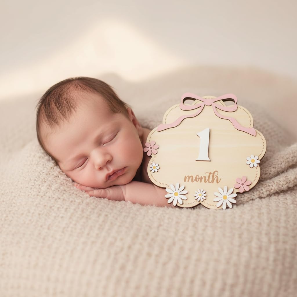 TTMerriwood Set 112 Wooden Baby Monthly Milestone Sign with Pink Bow, Month Cloud Shape Photo Prop, Floral Baby Girl