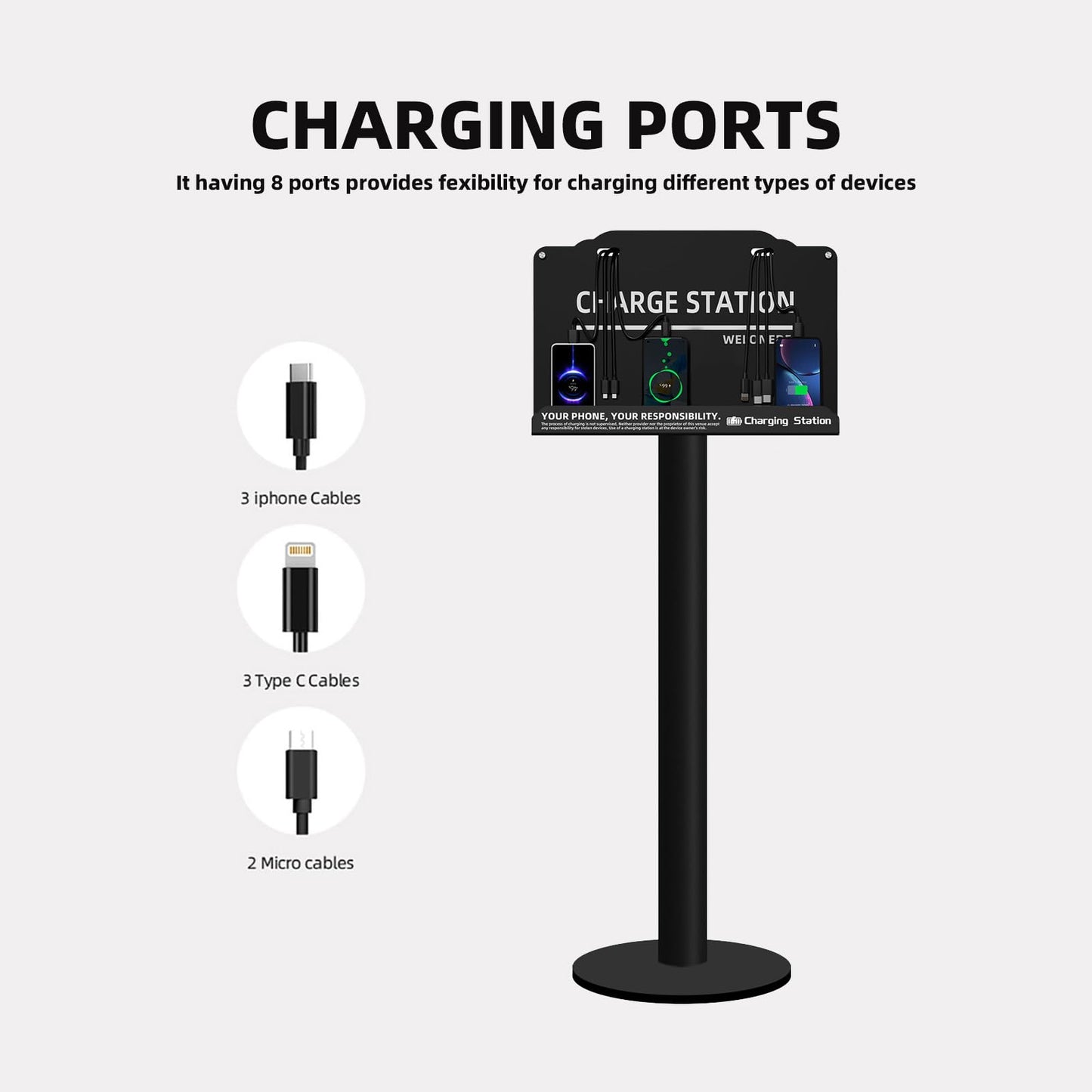 Floor Stand Cell Phone Charging Station Mobile Phone Charging Station | Fast Charging 8 Device | Compatible with Apple Tablets Android Port | Great for Offices Hotel Hospital Airport