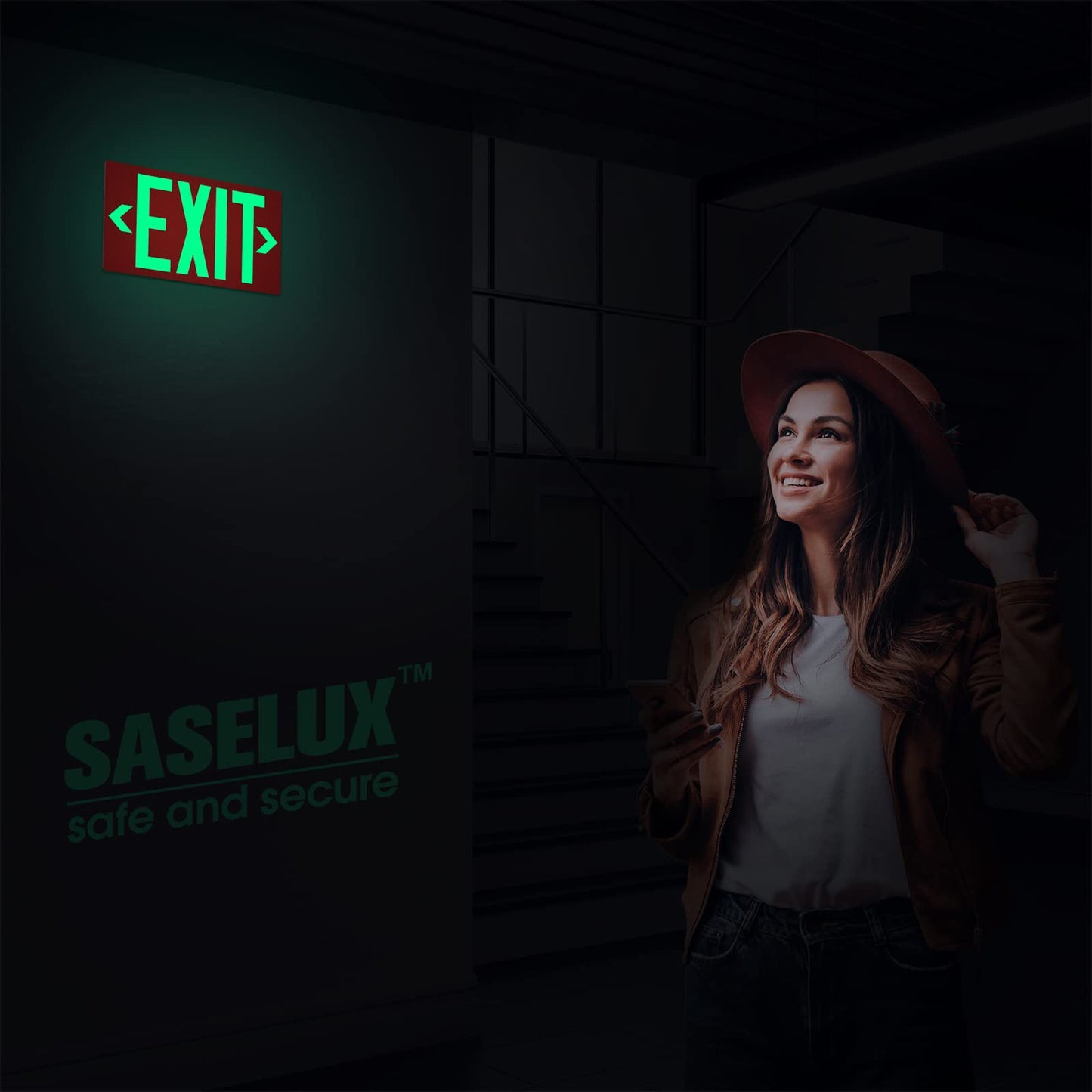 Photoluminescent Exit Sign Aluminum - Adhesive Backing Glow In The Dark - Removable Arrows Included - 12x7 Inches - Non Electrical Red Exit Light For 50 Feet Visibility (2 Pack)