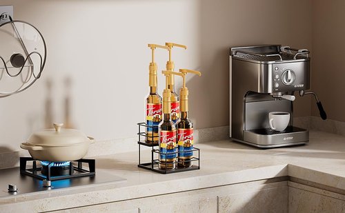 kimilus 4 Bottle Capacity Coffee Syrup Organizer 2 Tier Coffee Syrup Stand Shelf for Coffee Bar Kitchen Small Wine Rack for Bar Family Storage for Syrup Wine Dressing