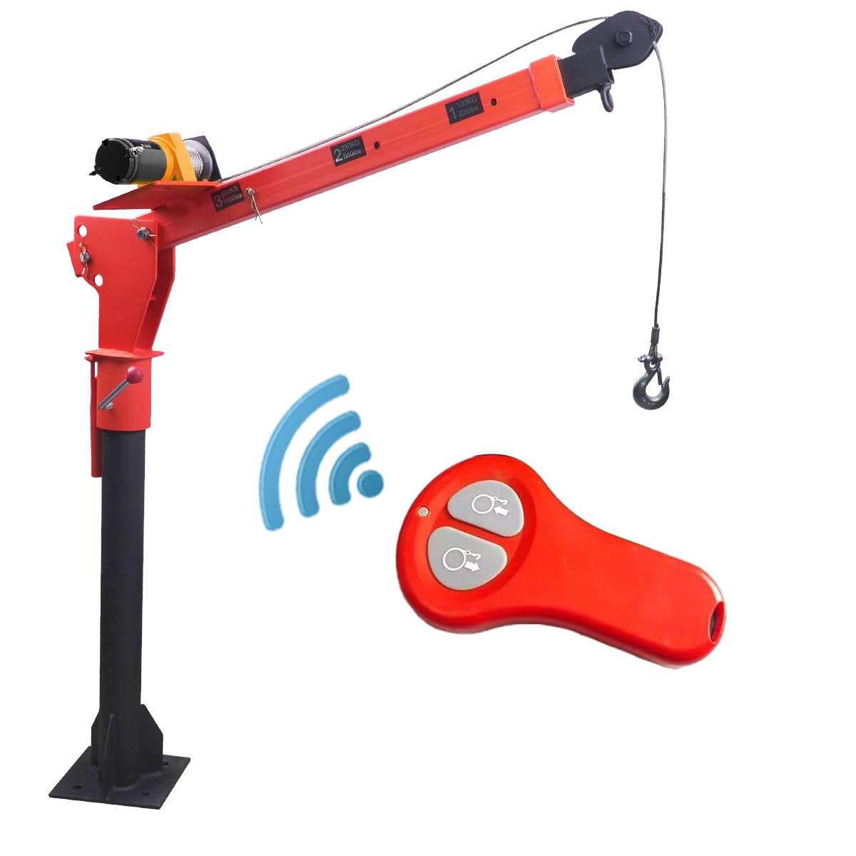 Pismire 1100lb Folding Truck-Mounted Jib Crane - 3500lb 12V Electric Winch Combo, 360° Swivel, Dual Remotes (Infrared/Wired), Painted Steel，Orange