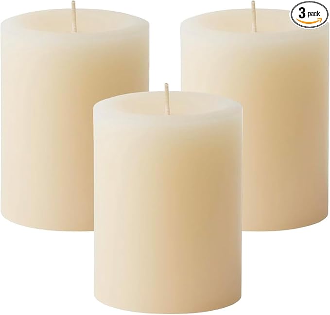 Mister Candle Dripless Vanilla Scented Ivory Pillar Candles Set of 3, Hand Made Vanilla Pillar Candles with Essential Oils for Home Decor, Premium Wax, 60 Hr Burn Time (3x4 inch)