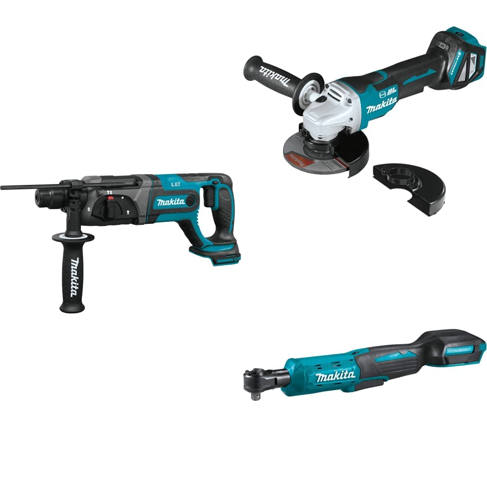 Makita 18V LXT Li-Ion 7/8" Rotary Hammer With SDS-PLUS Bits, 4-1/2"/5" Paddle Switch Cut-Off/Angle Grinder With Electric Brake, and 3/8"/1/4" Sq. Drive Ratchet - Tools Only