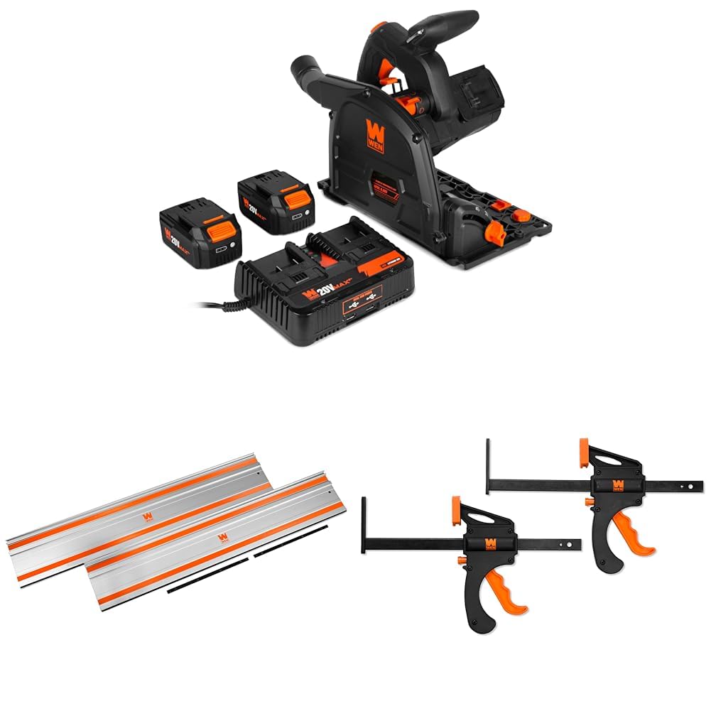 WEN 20V Max 6.5-Inch Cordless Brushless Plunge Cut Variable Speed Track Saw with Two 4.0 Ah Batteries, Charger, 110-Inch Track Saw Guide Rail, and Clamps