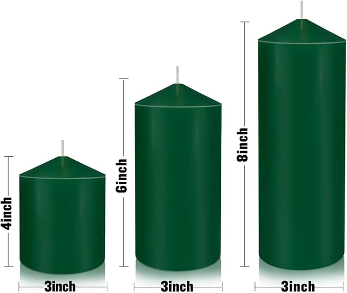 Pillar Candles 3 x 4, 6, and 8 inches, Large Handmade Candles Set of 3, Green Decorative Candles for Wedding, Home Decoration, Dinner, Church