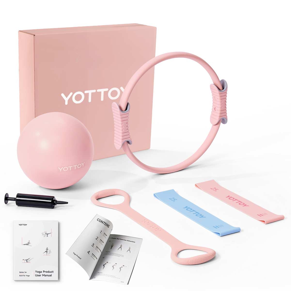 YOTTOY 13.5 Inch Pilates Ring and Ball Set, Figure 8 Resistance Bands, Stretch Bands&Guide,Pilates Equipment Set for Beginners for Home Workouts Core Strength, Yoga, Physical Therapy & Rehab, Pink