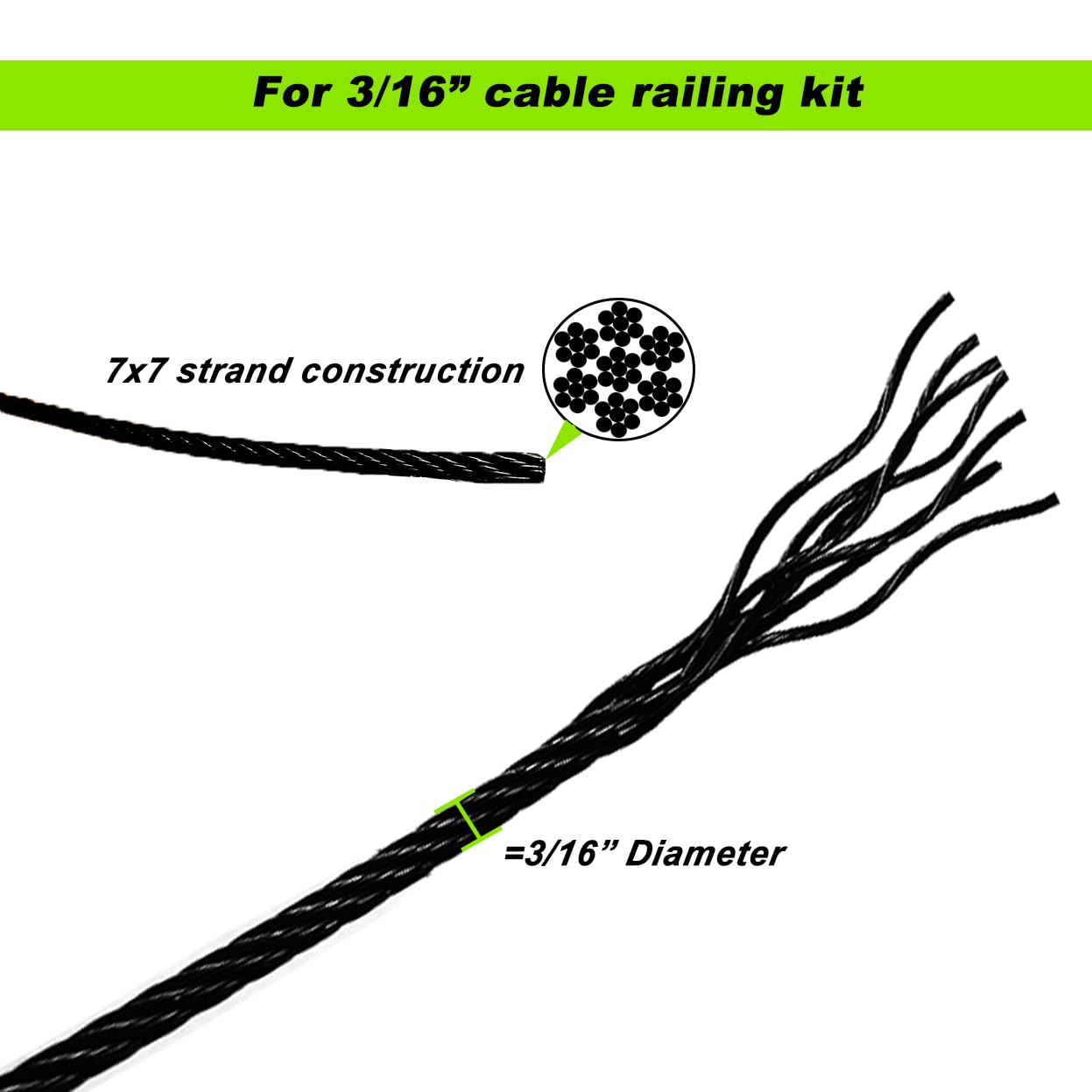 Sowtowe 3/16" Black Wire Rope, 150ft Aircraft Cable, T316 Stainless Steel, 7 x 7 Strand Construction, for Deck Cable Railing Hardware Kit