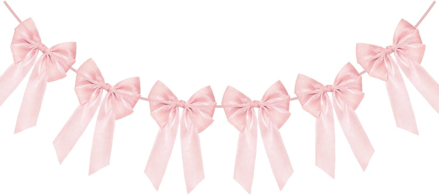 Skiennix 6.5ft Pink Bows Garland Banner - 6 Pcs Pre-Strung Bow Party Decorations for Birthdays & Showers
